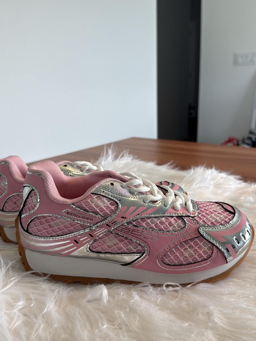 Bottega Veneta Pink and Silver Women's Mesh Sneakers - Picture 2 of 4